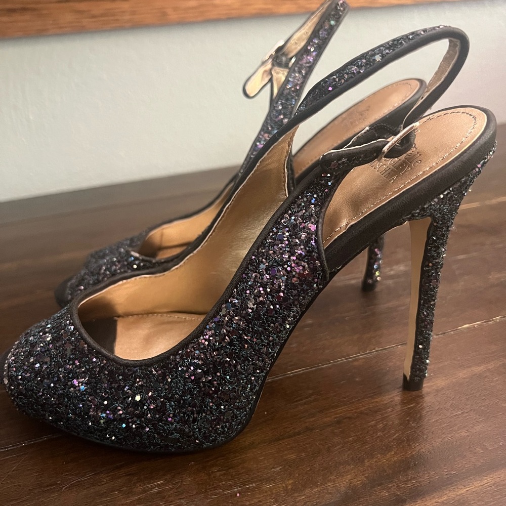 Badgley Mischka Black and Purple Glitter Heels 7.5